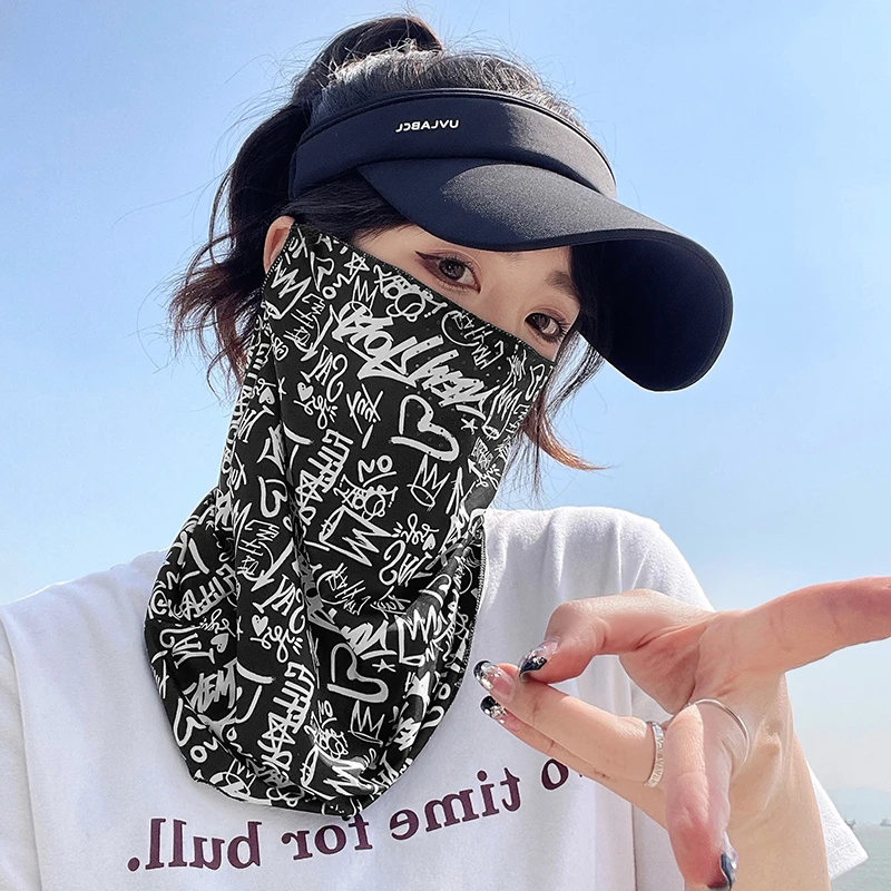 防晒面罩套袖女全脸护颈遮脸面纱挂耳冰丝男薄款透气遮阳冰袖口罩