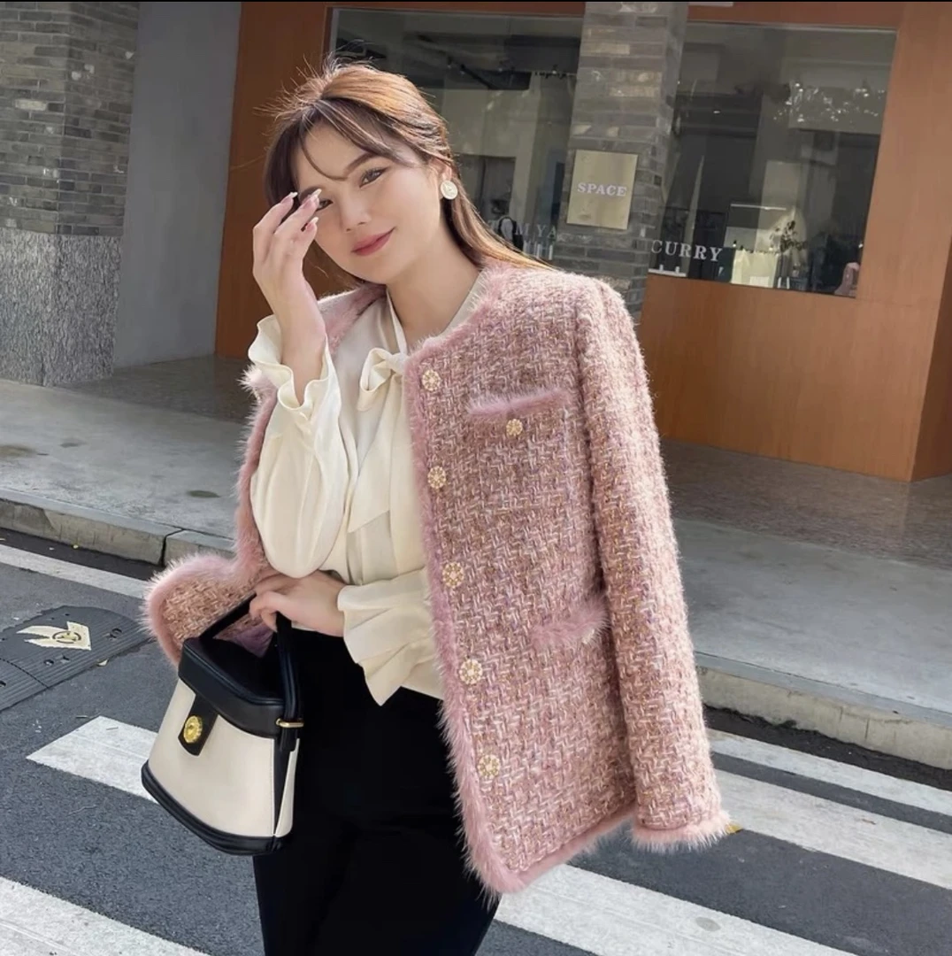 加绒加绒小香风粉色甜美毛毛边粗花呢圆领长袖高级感2025新款外套