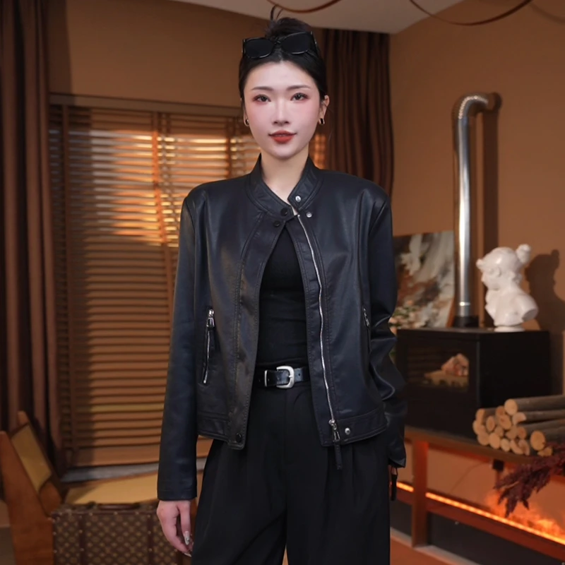 春秋新款皮衣外套女简约气质皮夹克外套时尚百搭春季中长款机车女