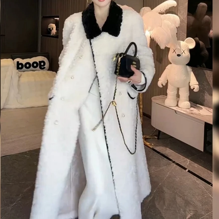 新款海棠朵朵香风珍珠仿羊羔毛气质大衣冬季加厚外套女