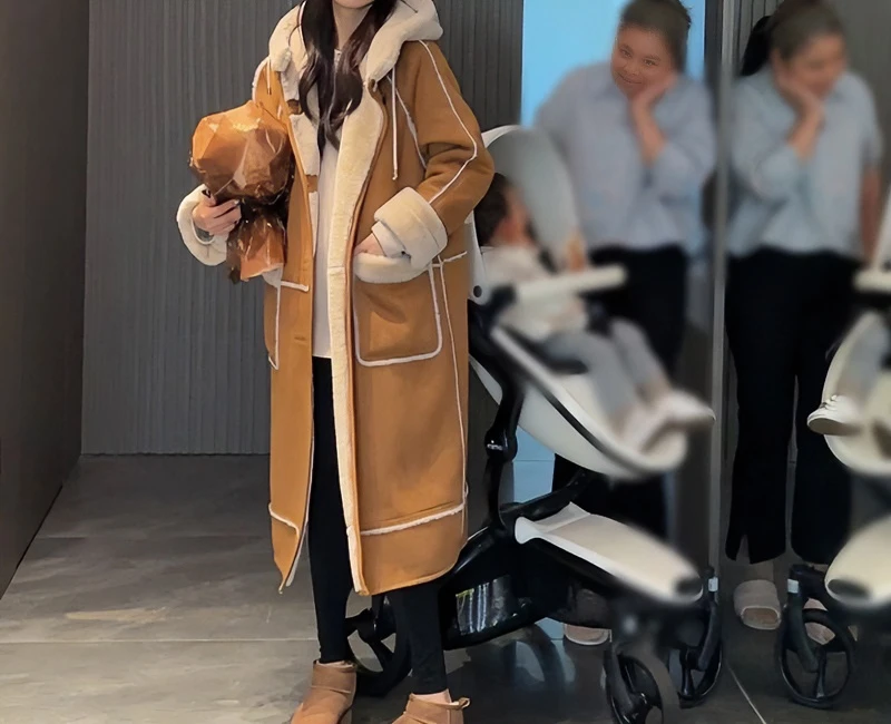 2024冬季新款加厚连帽毛毛绒拼接皮毛一体宽松加绒外套女长款大衣