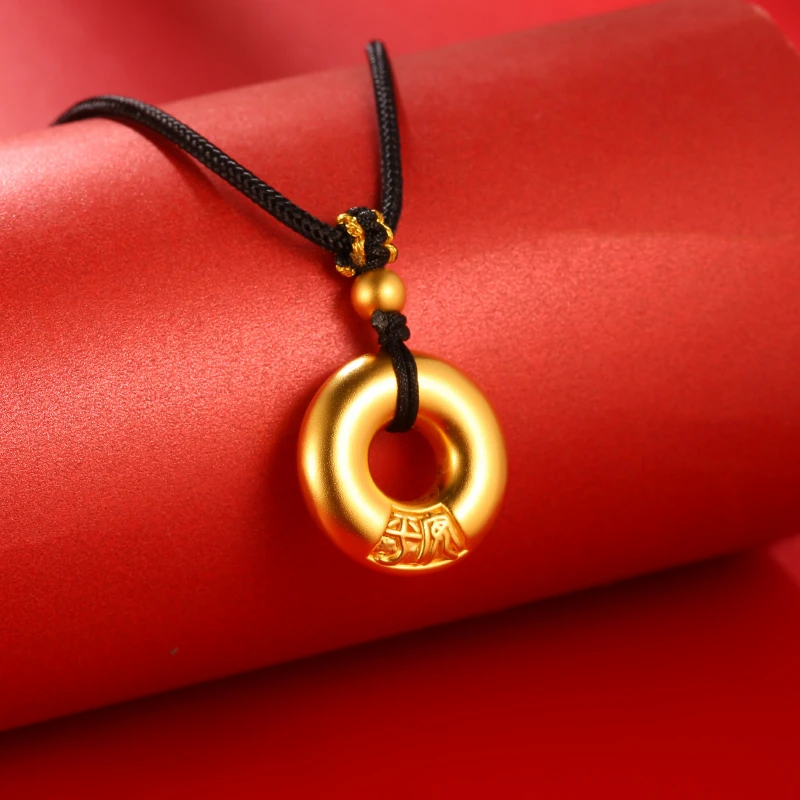 古法黄金平安扣吊坠素圈足金999男女情侣项链手链金挂坠送女友