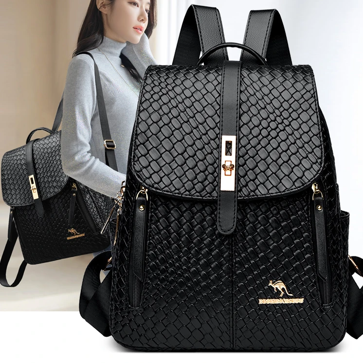 芘格袋鼠双肩包女防盗pu皮质中年妈咪背包休闲百搭女士编织双背包