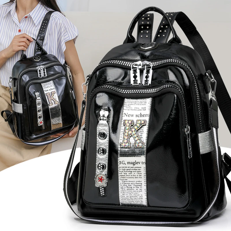 新款亮皮双肩包女字母软皮大容量铆钉妈咪背包外出旅游休闲单肩包