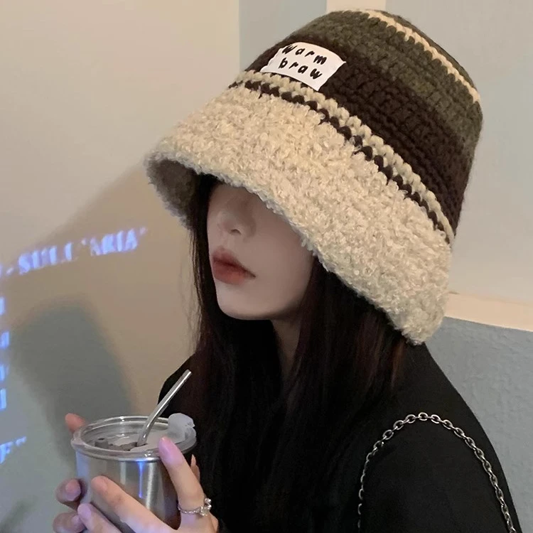 撞色毛绒渔夫帽女秋冬季日系显脸小针织水桶帽韩版大头围毛线帽潮