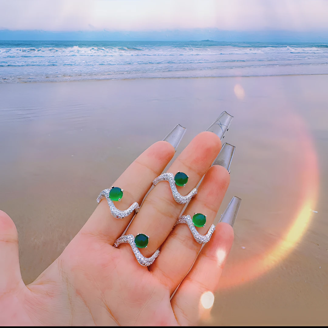 铜合金合成锆石戒指 只此青绿铜合金开口戒手工新中式波浪手工
