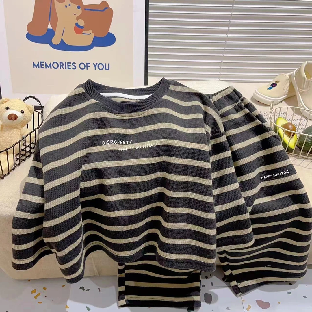 儿童套装2024春款男童女童韩版休闲卫衣套装儿童条纹两件套
