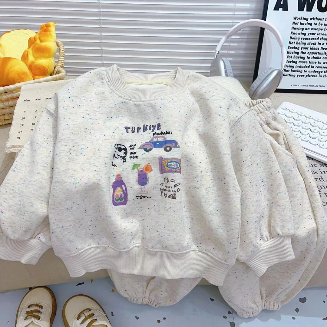 儿童卫衣套装2024春款新品男童带帽小童女宝宝韩版彩棉卡通两件套