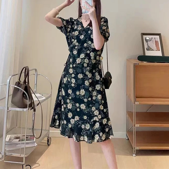 宝丫轻奢 女式碎花收腰显瘦V领连衣裙B5778 气质
