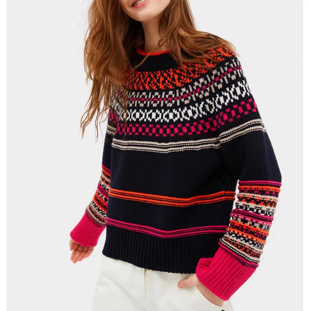 宝丫轻奢 女式复古时尚提花百搭圆领针织衫B6982