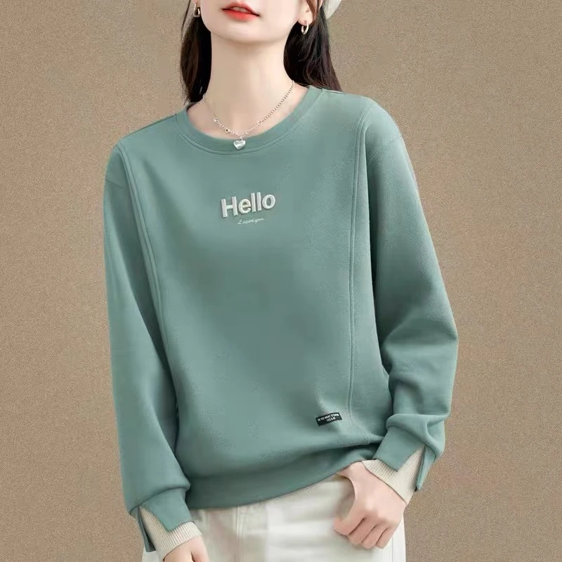 啄木鸟纯棉圆领卫衣女薄款2024秋季新款宽松洋气套头洋气显瘦上衣