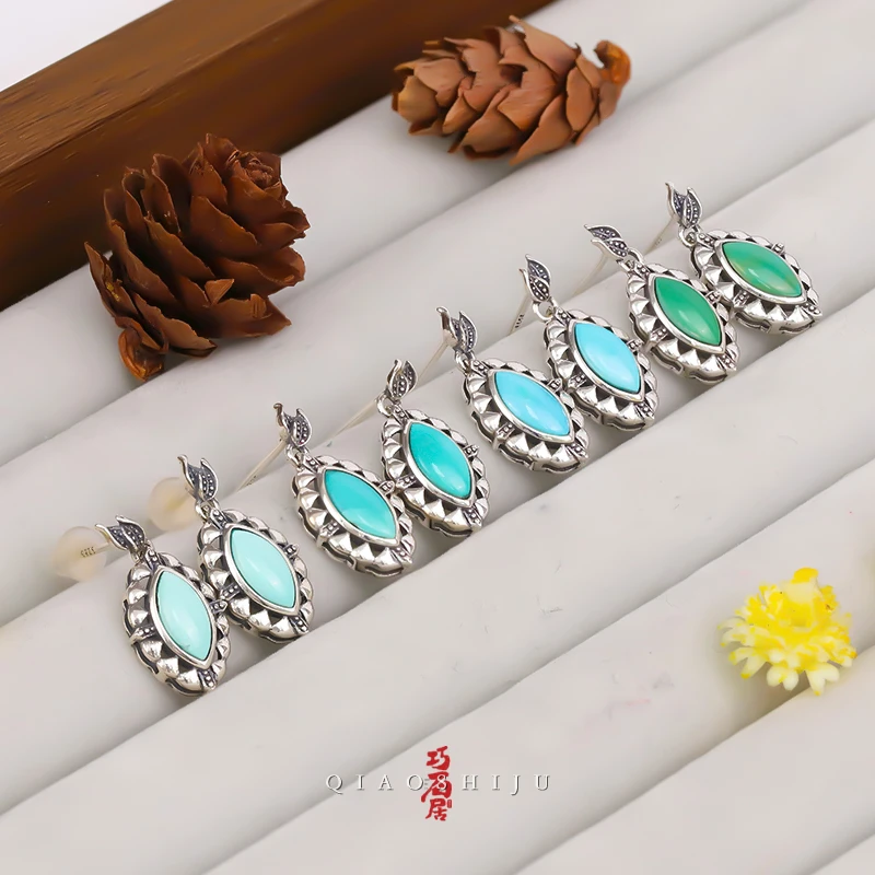 巧石居欧若风S925银镶嵌绿松石马眼款耳钉精致（一对 多样性发货）