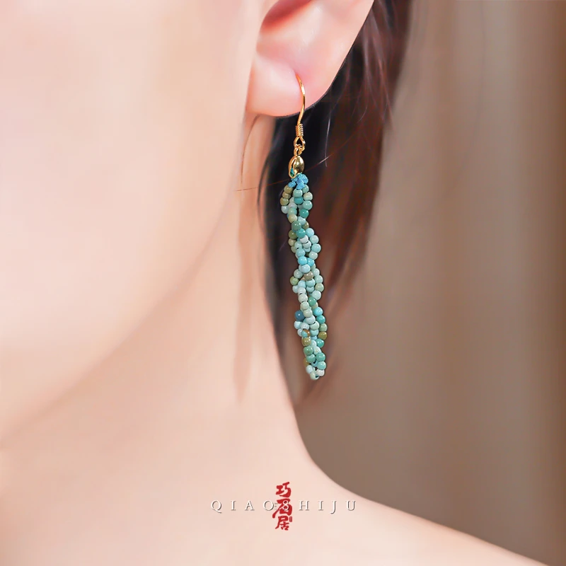 巧石居欧若风原矿绿松石玉米结耳钩珠宝奇石（一对 多样性发货）