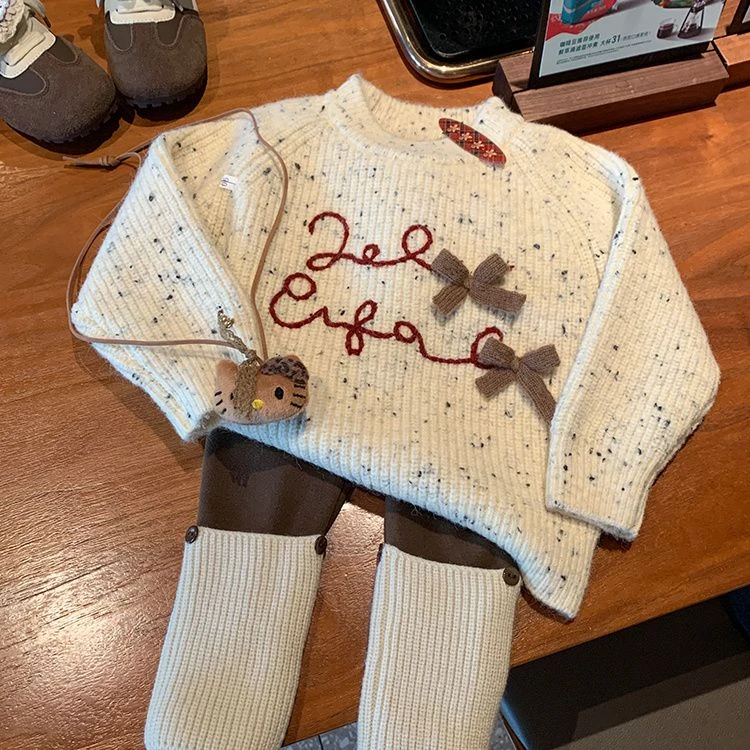 女童韩版立体蝴蝶结毛衣套头2025新款秋冬中小童女宝宝加厚针织衫