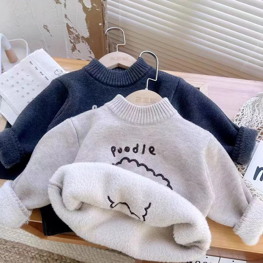 男童毛衣2024秋冬季加厚一体绒毛衣半高领男宝宝绣花套头打底衫潮