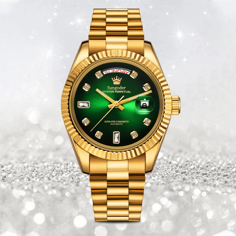 【铭泰23】萨提亚Sungoder绿冰糖高档男士男式多功能腕表金表