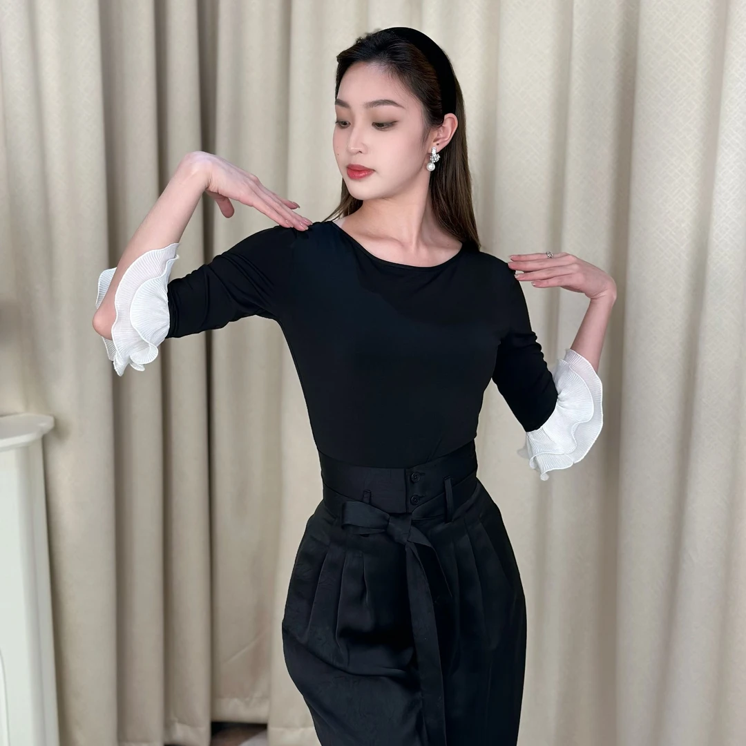 丹珍国标舞上衣新款女交谊舞摩登上装日常百搭表演木耳边舞衣M04