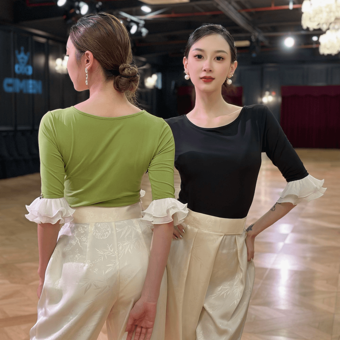 【肖梅英专属】丹珍国标舞上衣新款女交谊舞摩登上装木耳边舞衣M04