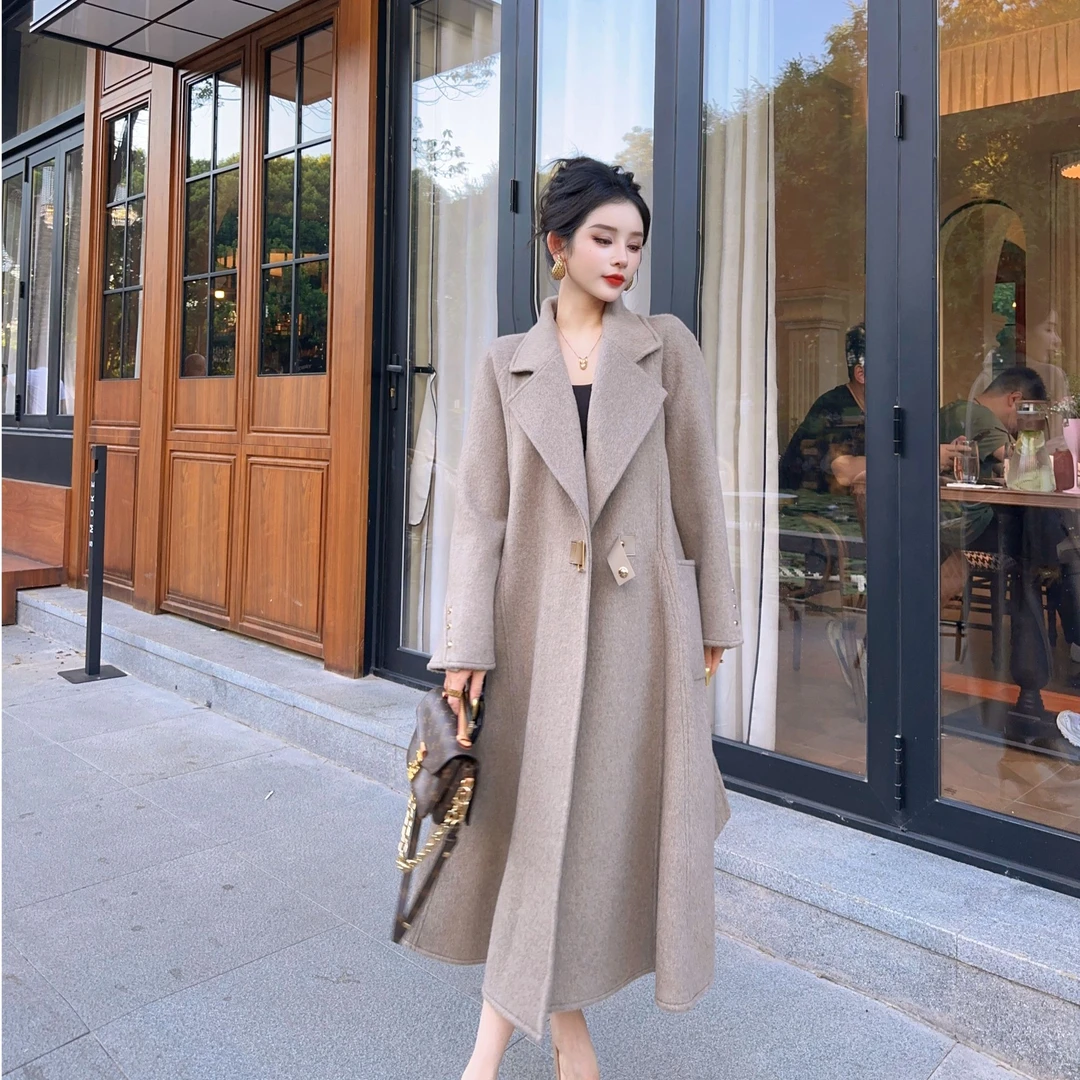 【秋上新】2024新款双面绵羊毛大衣女士长款金属扣系带毛呢外套流行