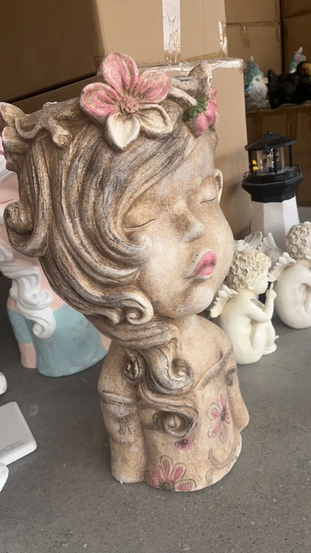 复古大女孩人头花盆摆件