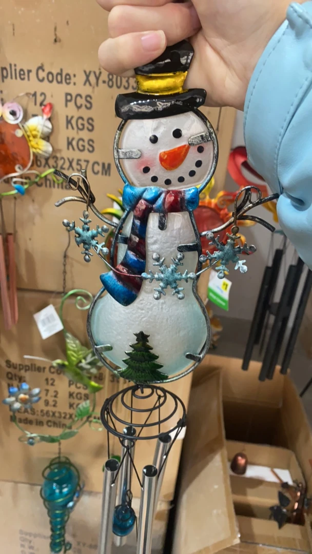 铁艺彩玻堆的雪人风铃摆件