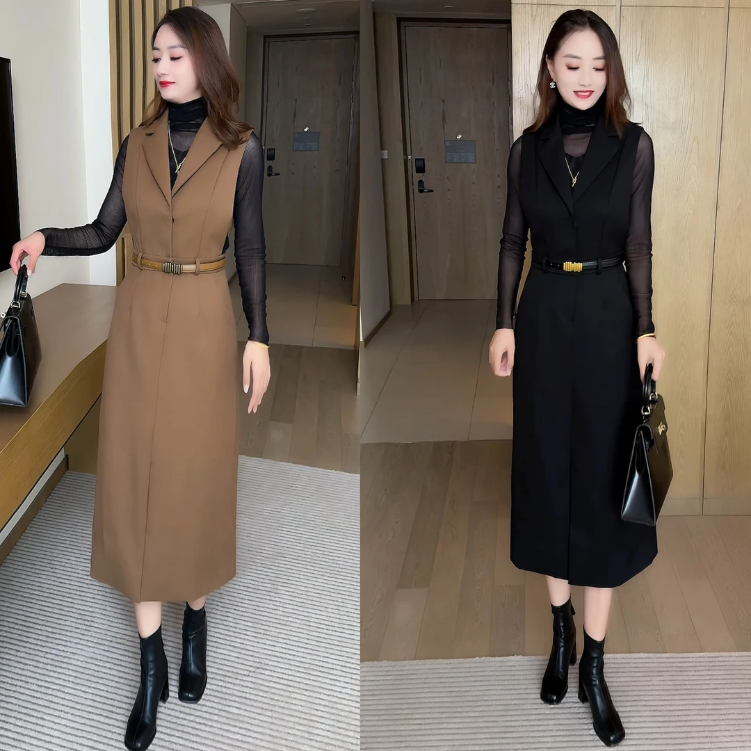 2025秋马甲连衣裙显瘦收腰轻职风高级感背心连衣裙经典百搭