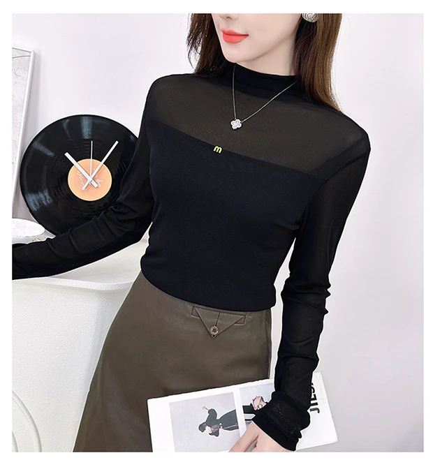 春秋修身显瘦打底T恤黑色高级感半高领蕾丝网纱打底长袖女