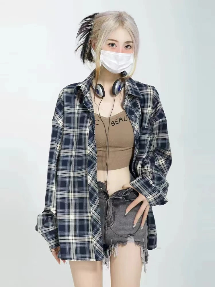 格纹出游穿搭早春季衬衫时尚宽松衬衣开衫外套长袖上衣防晒衫薄款