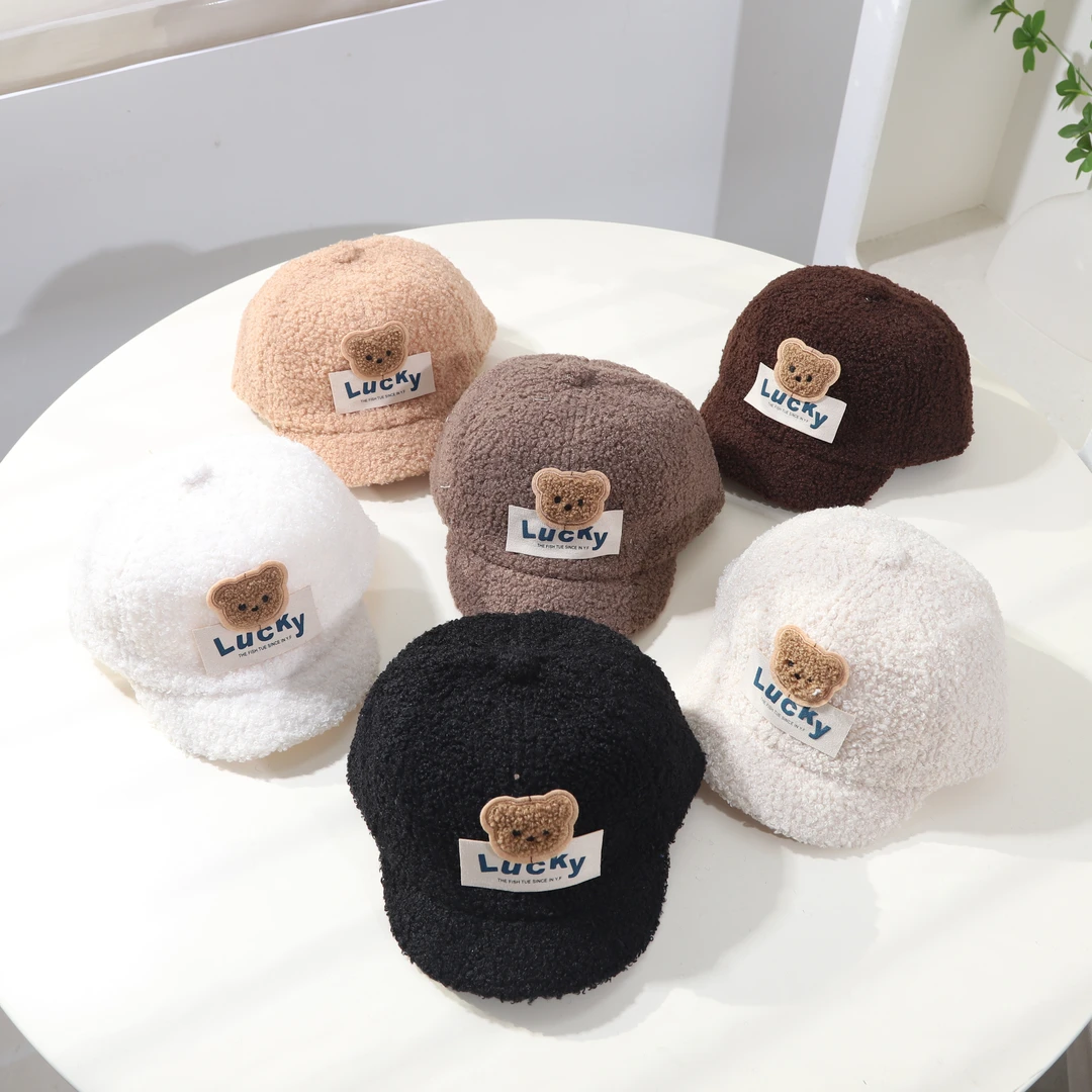 宝宝帽子男秋冬季百搭1-3岁男女宝宝短檐鸭舌帽lucky熊毛绒棒球帽
