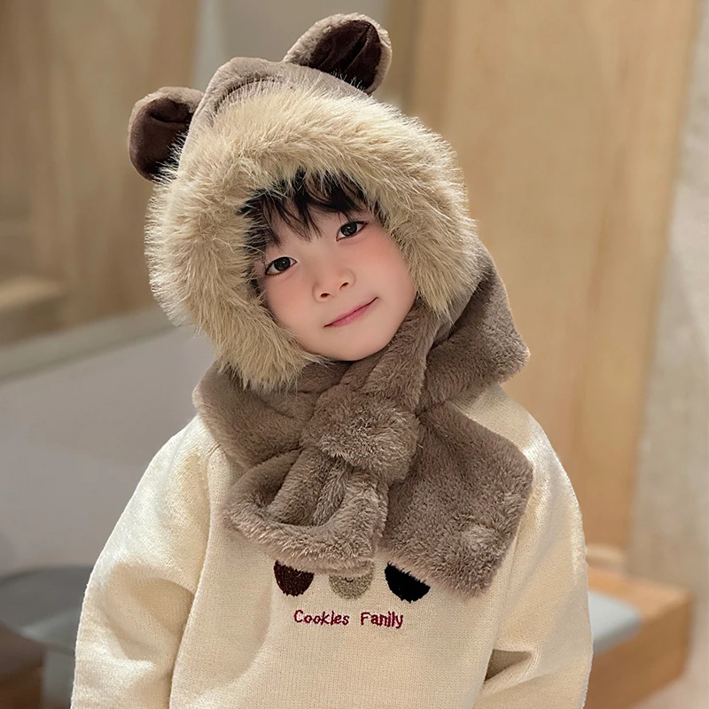 儿童帽子秋冬保暖加厚绒卡通卡皮吧啦帽子围巾一体户外防风毛绒帽