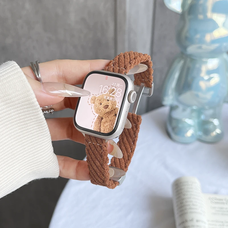 适用苹果手表秋冬iwatchs9表带applewatch8代毛绒柔软时尚磁吸扣