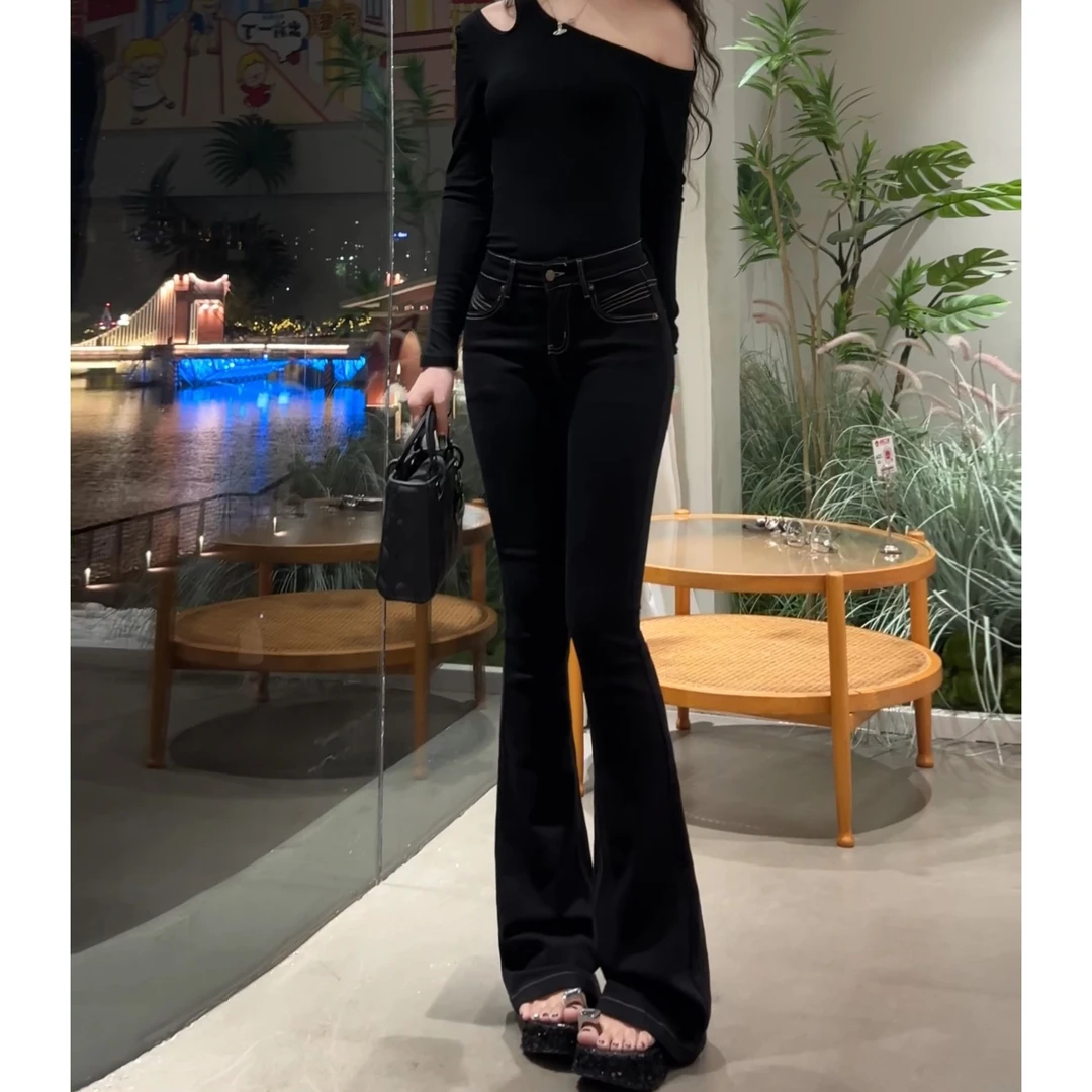 秋季新款6821秋季牛仔裤喇叭裤高腰裤子提臀长裤设计感黑色微喇裤