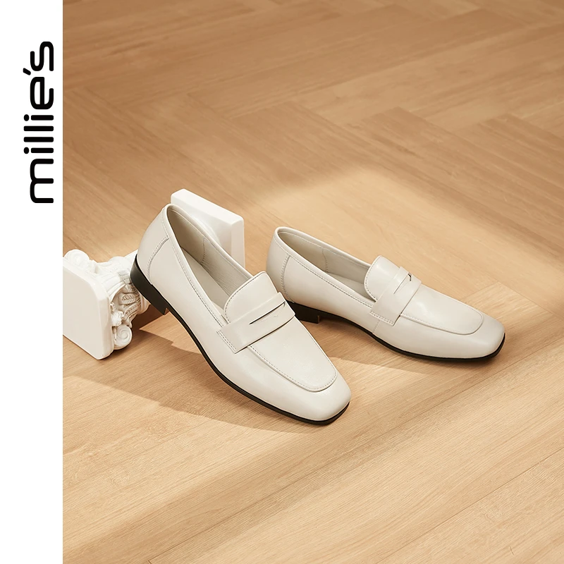 妙丽新款真皮乐福鞋2024年时尚舒适平底英伦风方头小皮鞋雅丹风