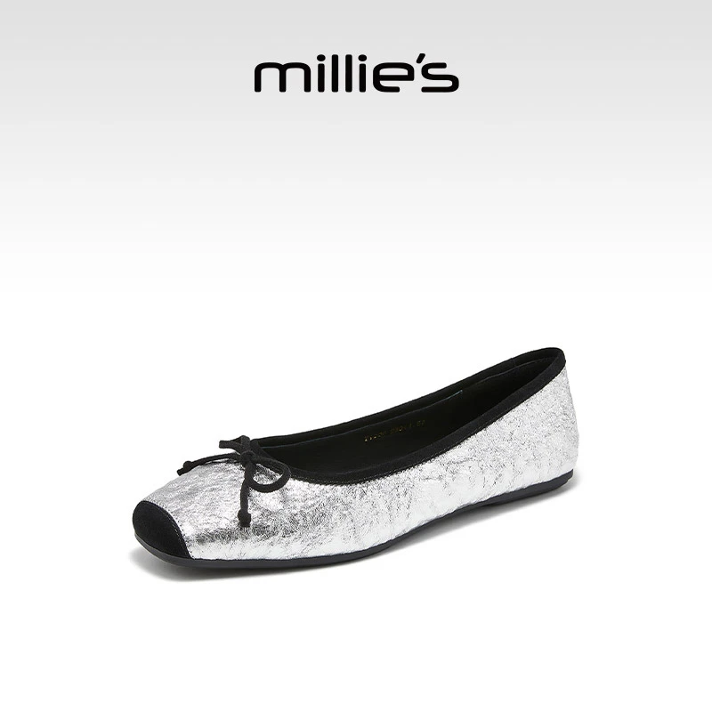 MILLIE S/妙丽真皮单鞋女银色女士气质鞋子ins百搭2025新款浅口