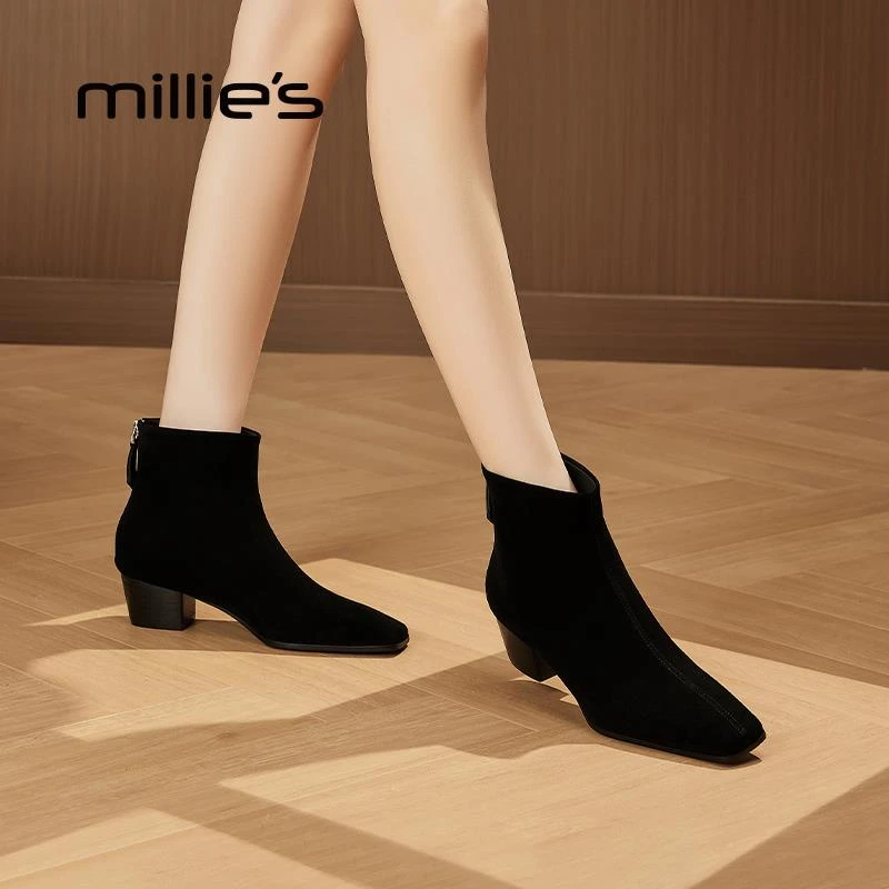 妙丽绒面高跟短靴秋冬新款百搭加绒加厚瘦瘦靴子马丁靴袜靴雅丹风