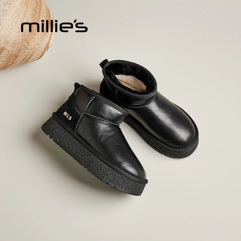 妙丽女鞋厚底真皮材质简约美拉德风车缝线雪地靴冬季一脚蹬面包鞋