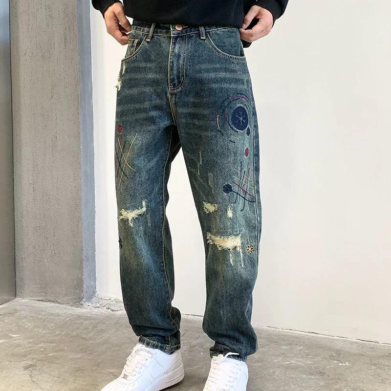 新款美式炸街潮牌宽松破洞补丁牛仔裤直筒男复古做旧哈伦锥形裤子