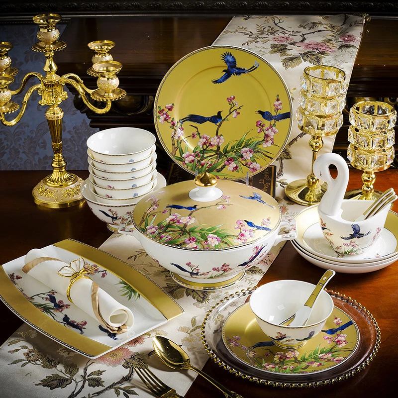 [喜上眉梢70头套装]景德镇高温骨瓷70件餐具大套组