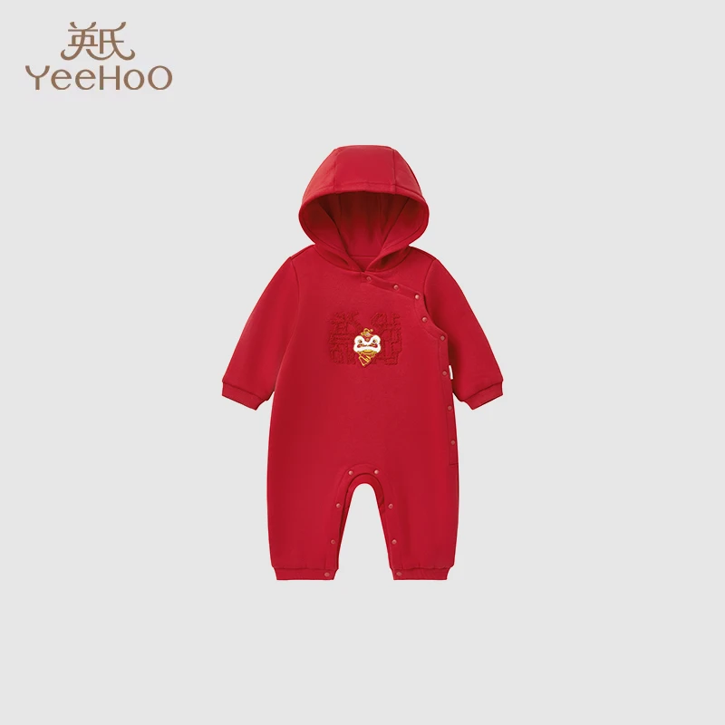 英氏婴儿衣服秋冬羊羔绒男宝宝连体衣国风新年拜年服YRHFJ4Q589A