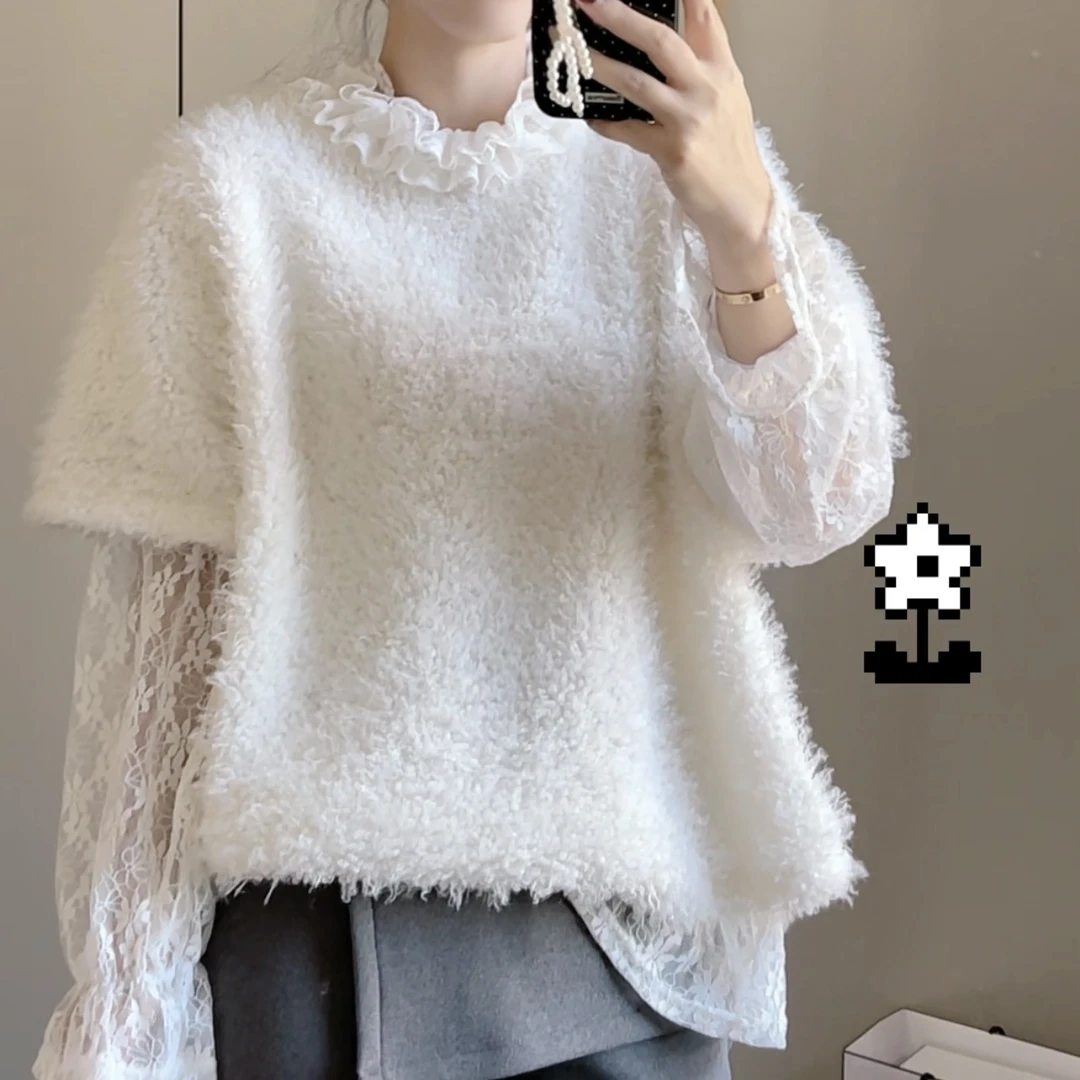 秋冬新款韩系毛绒短袖衫+蕾丝打底衫