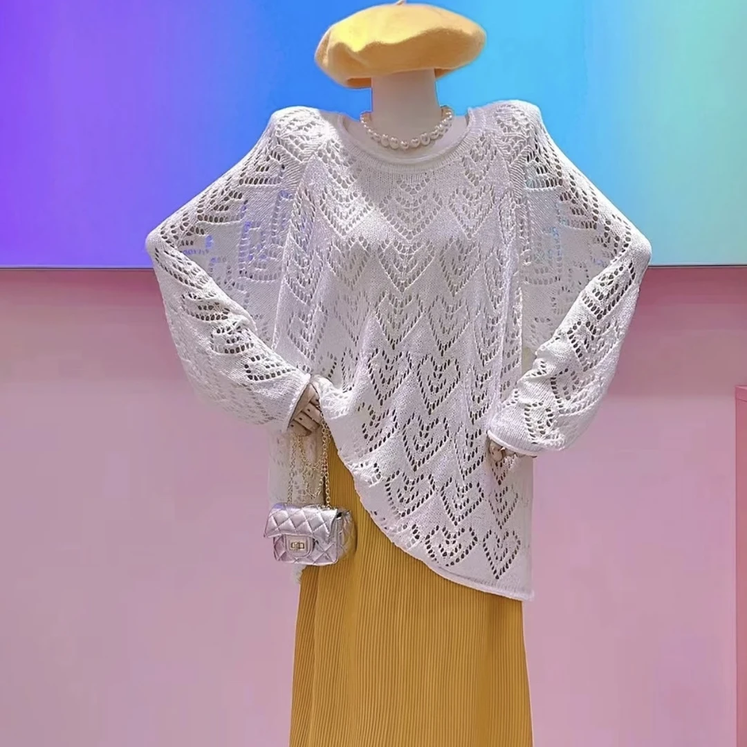 2024早秋新款宽松大版型长袖冰丝镂空衫