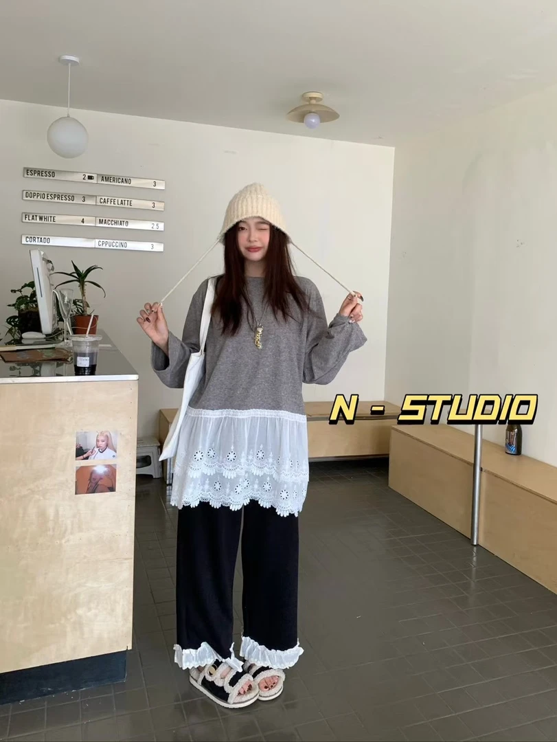 秋冬新款蕾丝拼接百搭宽松长袖小衫2647