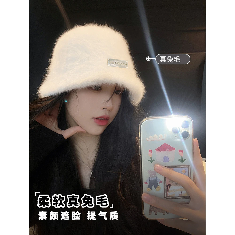 显脸小兔毛渔夫帽女秋冬百搭保暖大头围盆帽素颜铁标毛绒水桶帽子