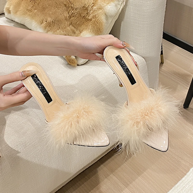 毛毛红底高跟鞋2024夏新款名媛轻奢性感尖头细跟凉拖鞋女外穿10cm