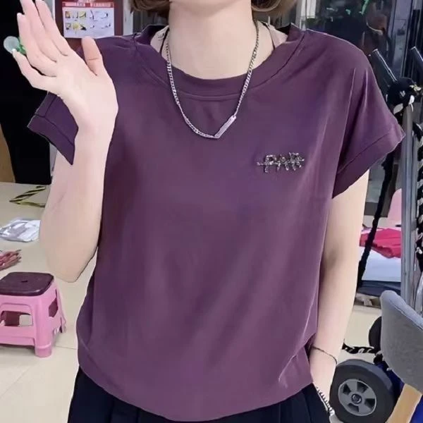 2024新款夏季爆款T恤减龄字母烫钻纯色休闲百搭显瘦上衣短袖t恤