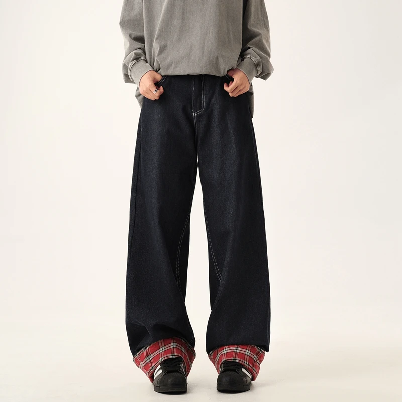 BEETLE TOWN美式格子拼接高腰牛仔裤男女阔腿直筒宽松高级感裤子