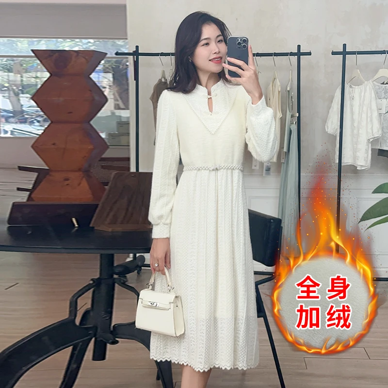 苏陌【新中式所愿】高品质舒服保暖加厚百搭可打底加绒蕾丝连衣裙