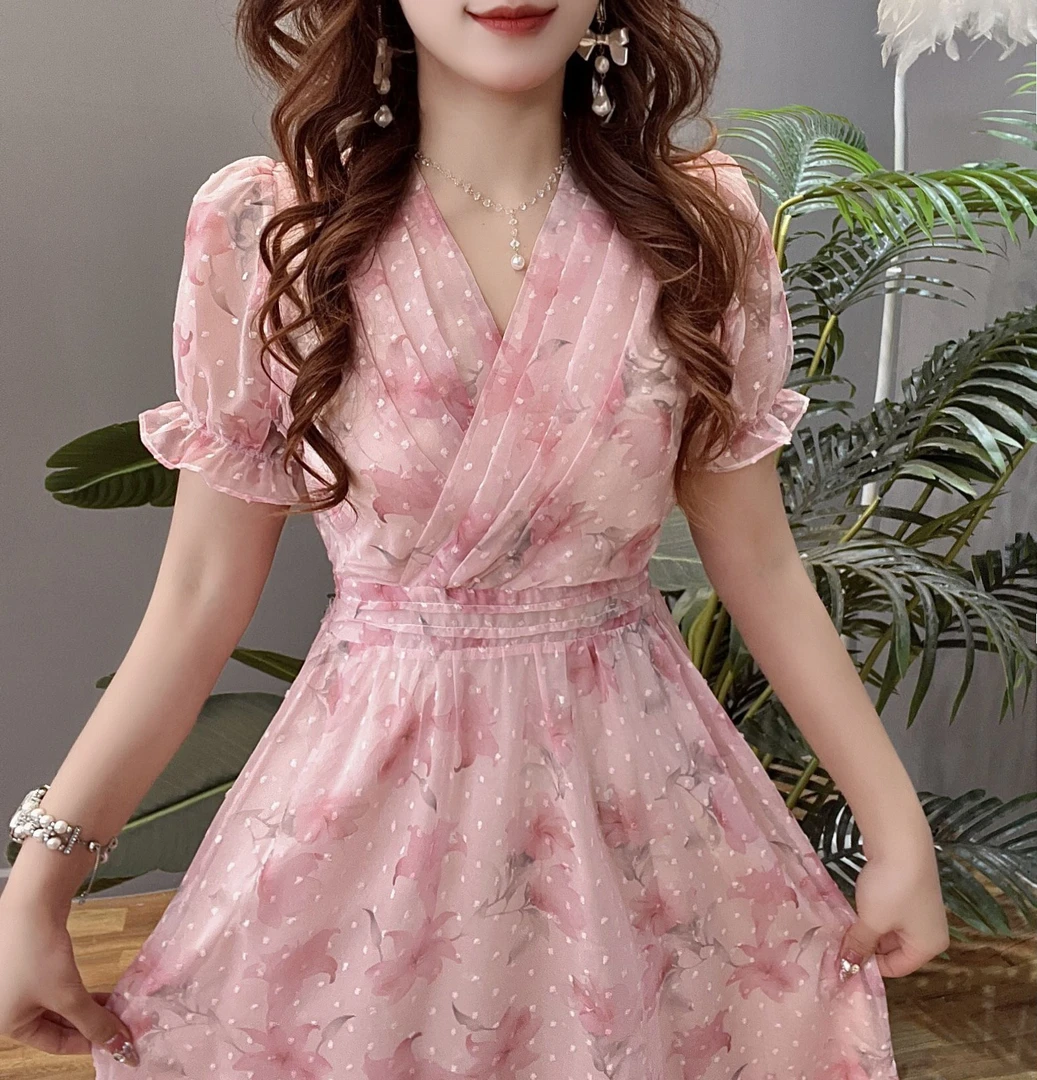 苏陌法式v领碎花连衣裙夏装设计感新款小个子显瘦气质中长裙子清