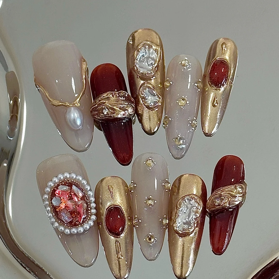 【复古金棕】纯手工穿戴甲显白气质