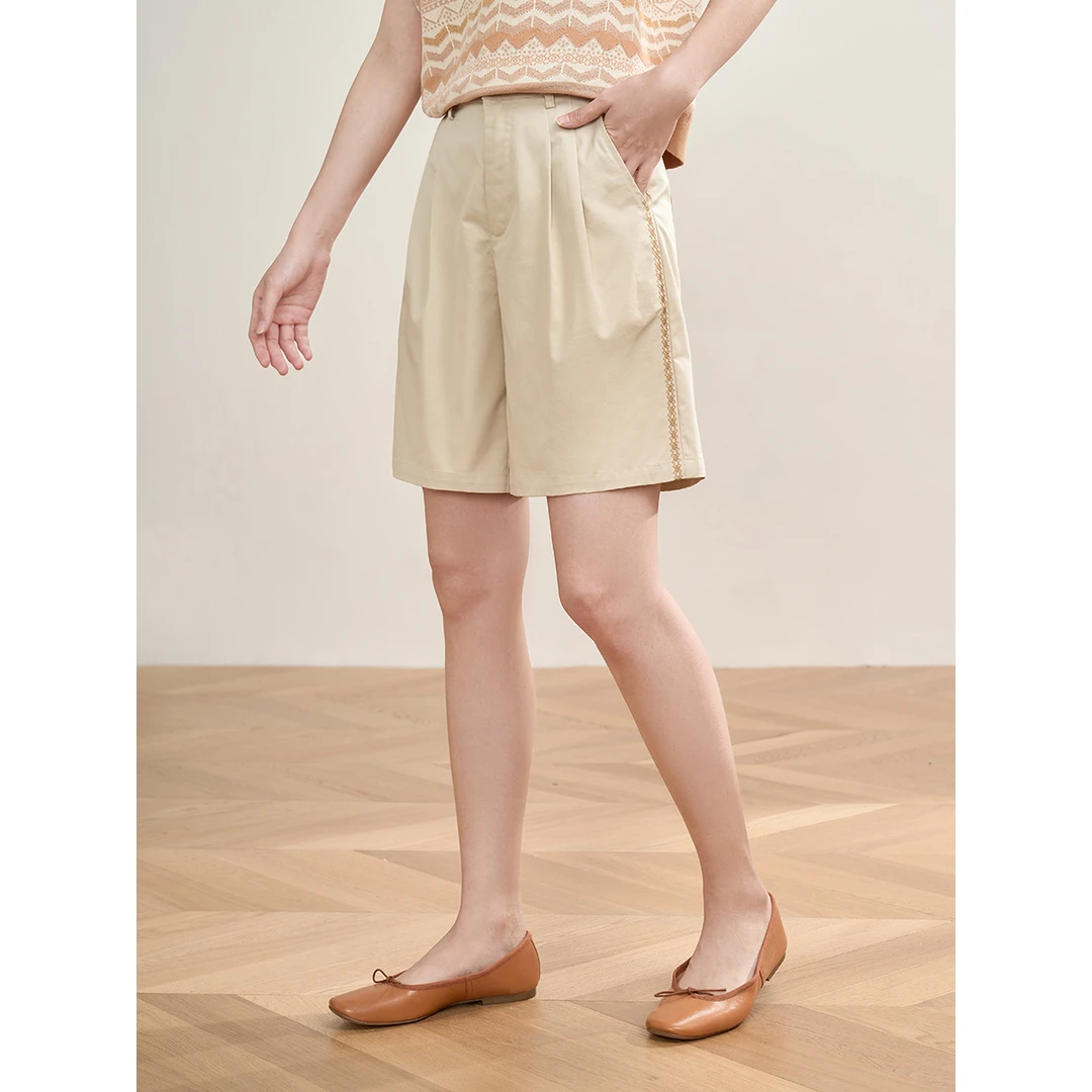 【商场同款】茵曼春秋女休闲裤直筒新款高腰修身松紧显瘦女装短裤